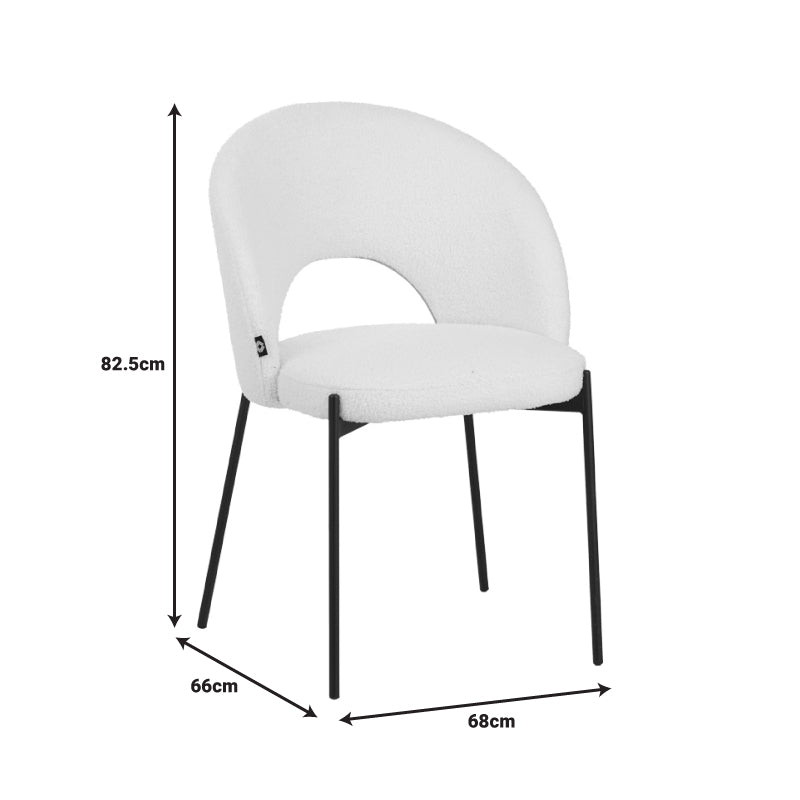 Masebo chair bouclé fabric in white color with black metallic legs 48x58.5x82cm