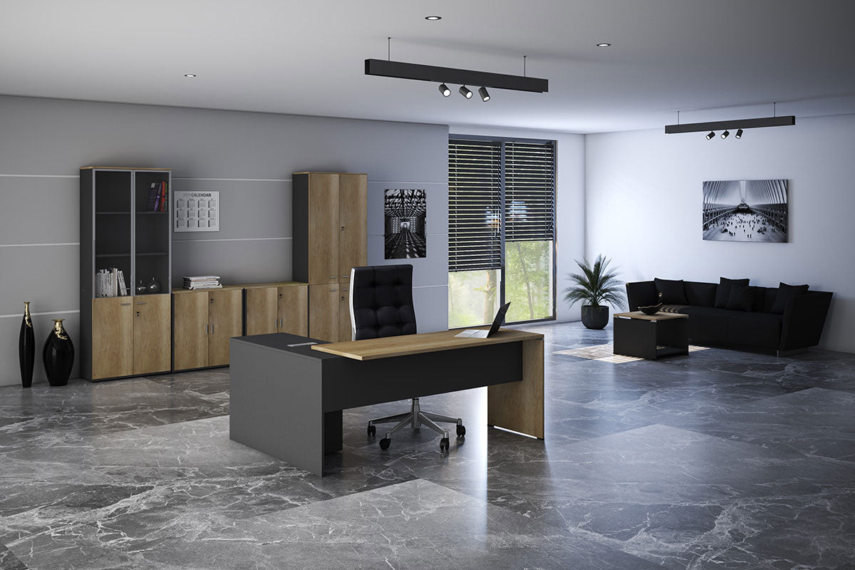 Commercial desk reversible Lotus pakoworld oak-dark grey color 180x160x75cm