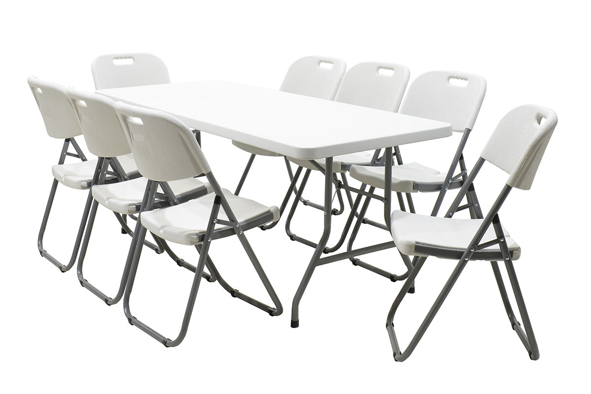 Commercial folding camping table Aprilia pakoworld in colour white granite 183x76x74cm