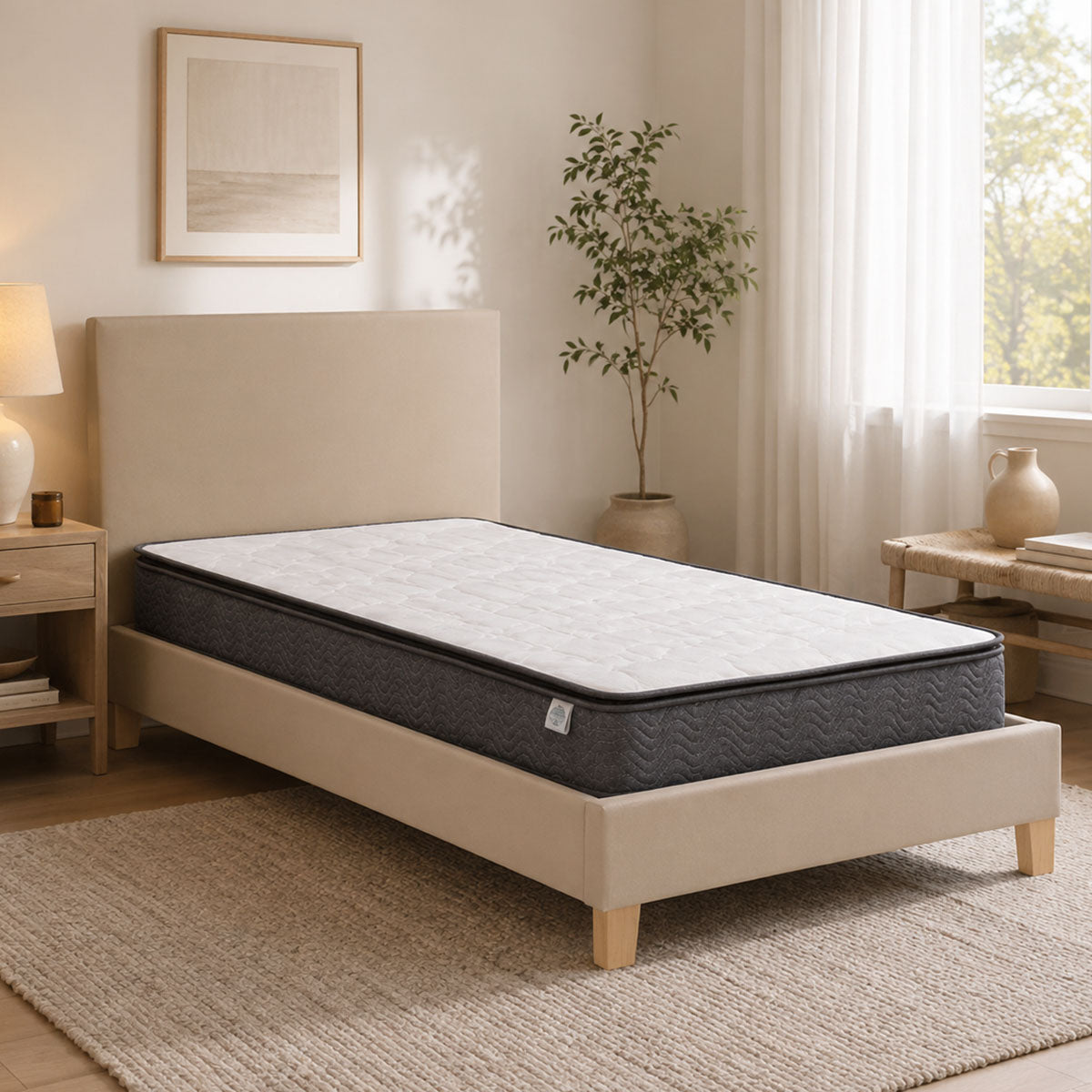 Bed with mattress Nevil-Perfecto fabric ecru - wooden leg in natural shade 100x200cm