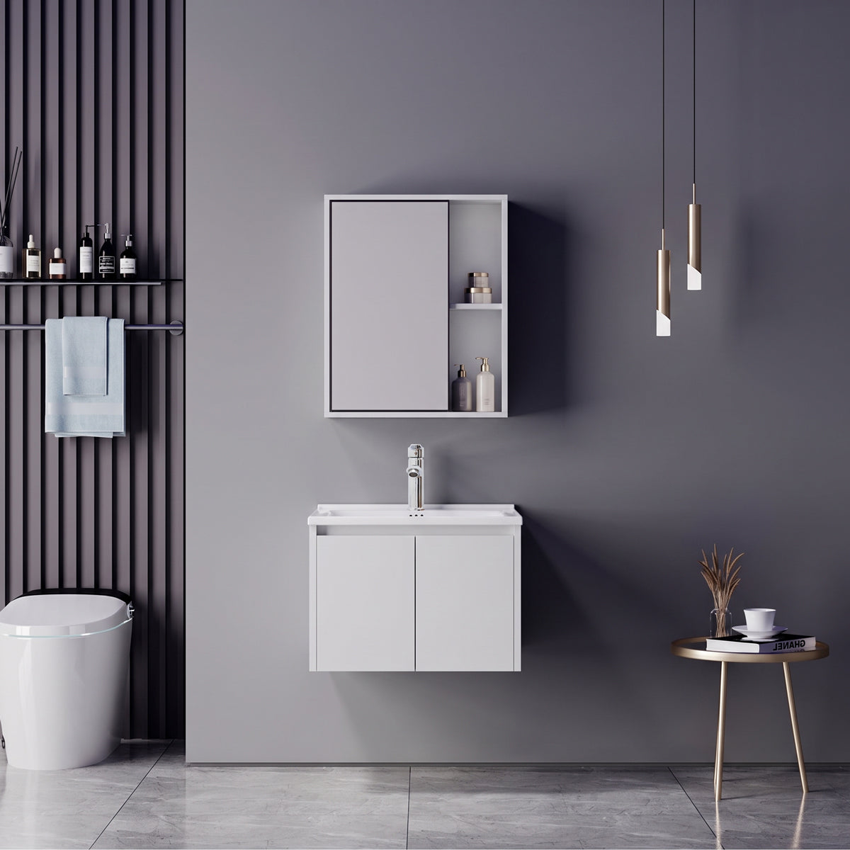Chinky Mentis vanity with washbasin faucet and mirror in white and chrome