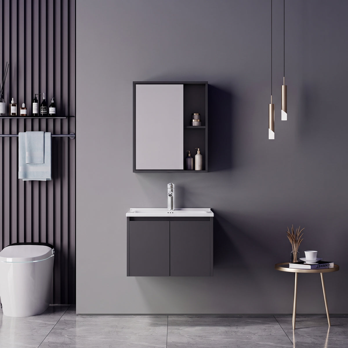 Chinky Mentis vanity with washbasin faucet and mirror in anthracite and chrome
