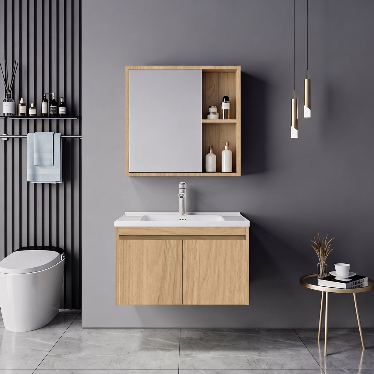 Sinkea Mentis vanity with washbasin faucet and mirror in oak color and chrome