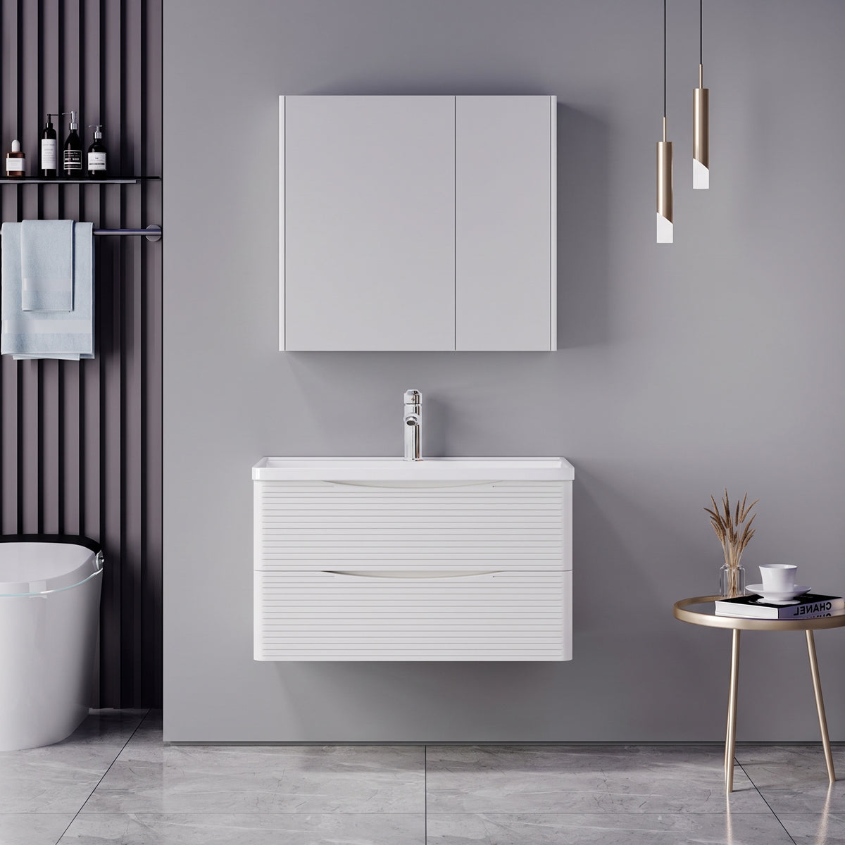 Tzouena Mentis vanity with washbasin faucet and mirror in white and chrome