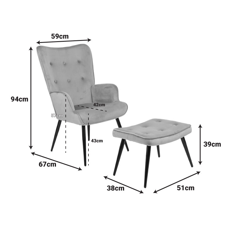 Armchair with footstool Siella grey velvet-black metal leg 59x67x94cm