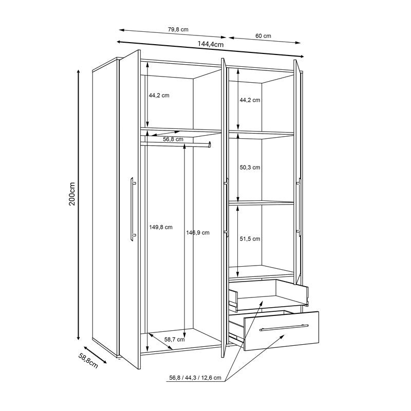 Wardrobe Razol 3 doors white-sonoma melamine 144.5x59x200cm