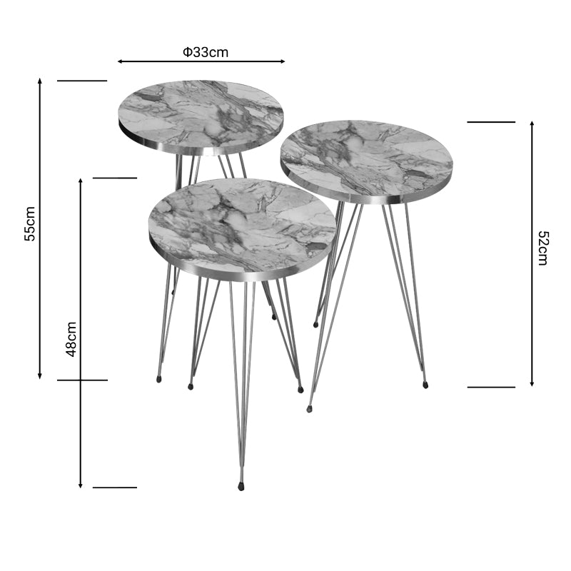 Side tables Wakmi 3 pieces set grey beige marble melamine-gold metal