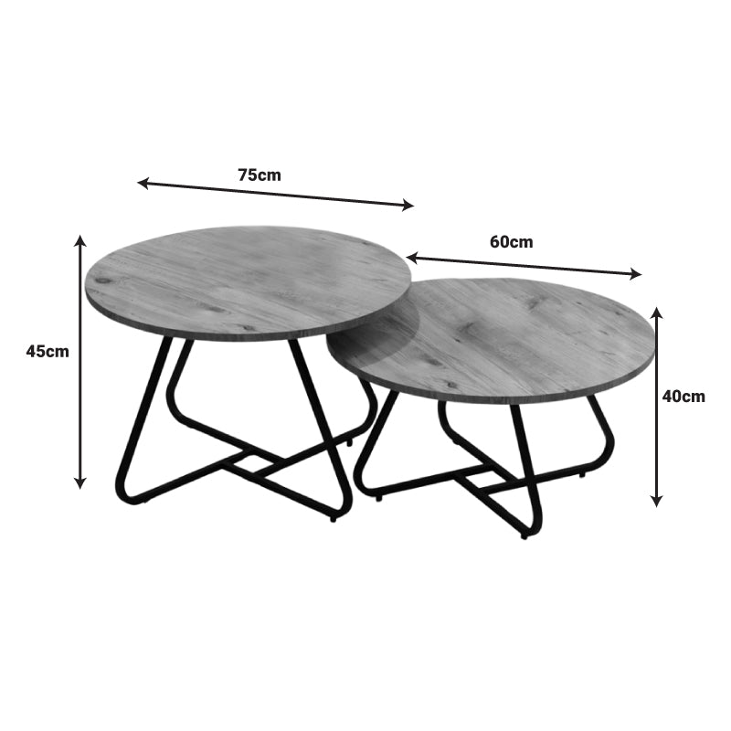 Symeli pakoworld coffee table set of 2 black metal and melamine in natural color 60x75x45cm