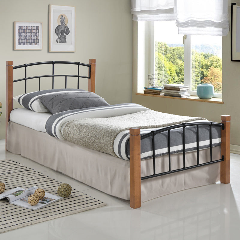 Single bed Mandy walnut color wood-black metal 90x190cm