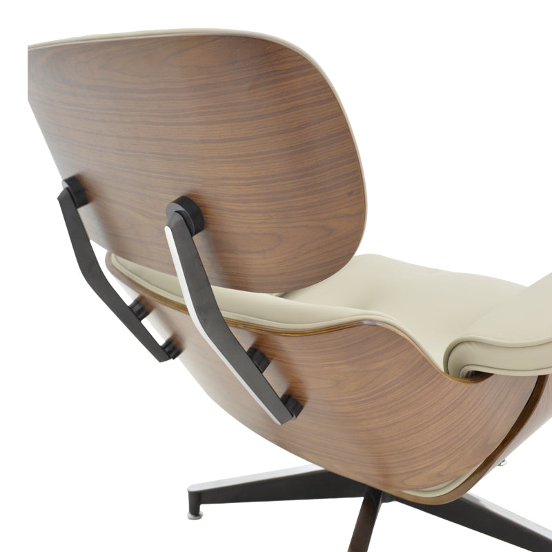 Armchair-footstool relax Jenna beige pu-plywood walnut-chrome base 82x92x82cm
