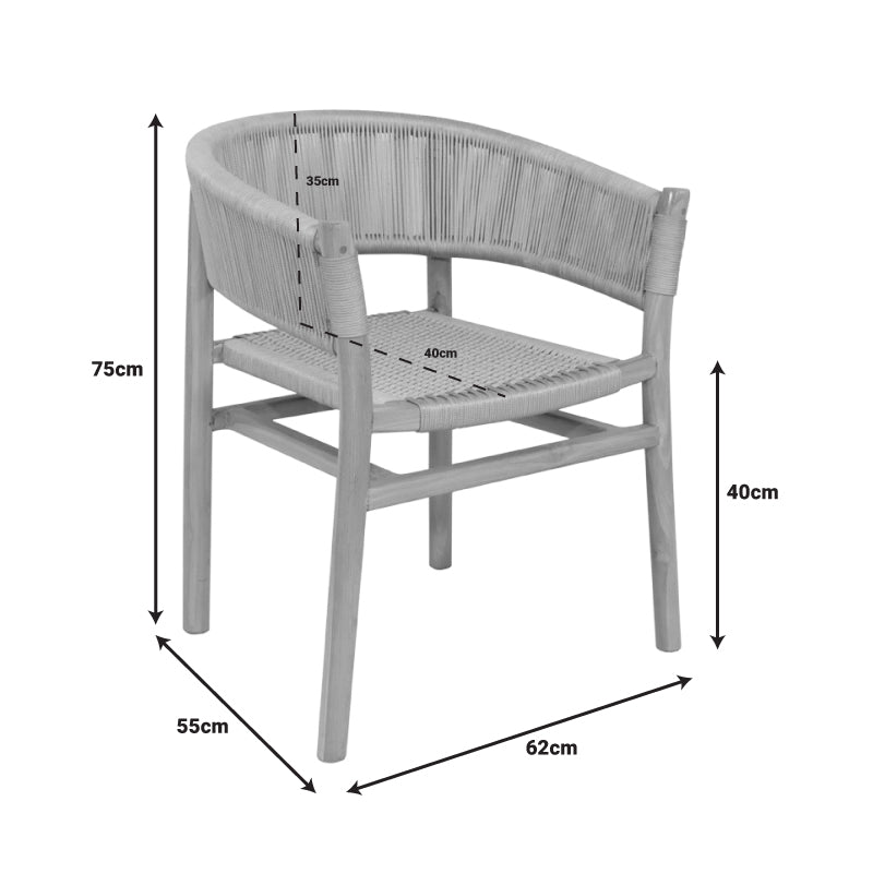 Kajone armchair pakoworld teak wood skeleton in natural shade and cream rope 62x55x75cm