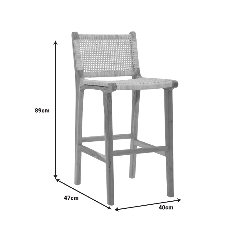 Bar stool medium height Sponze pakoworld natural color teak wood skeleton and rattan 40x47x89cm