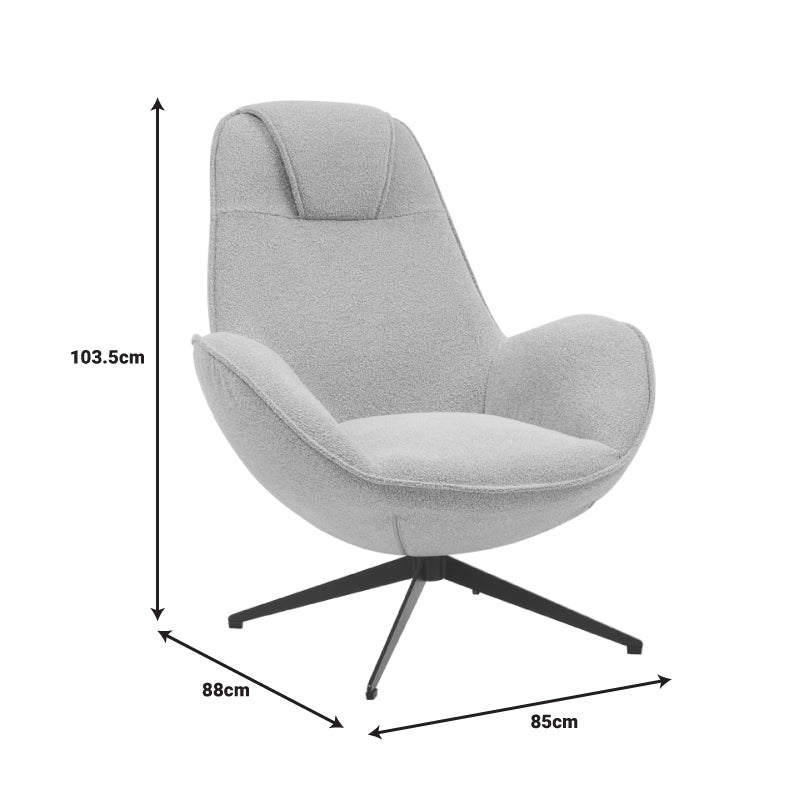 Armchair rotating Flago pakoworld boucle fabric in light gray shade 85x88x103.5cm