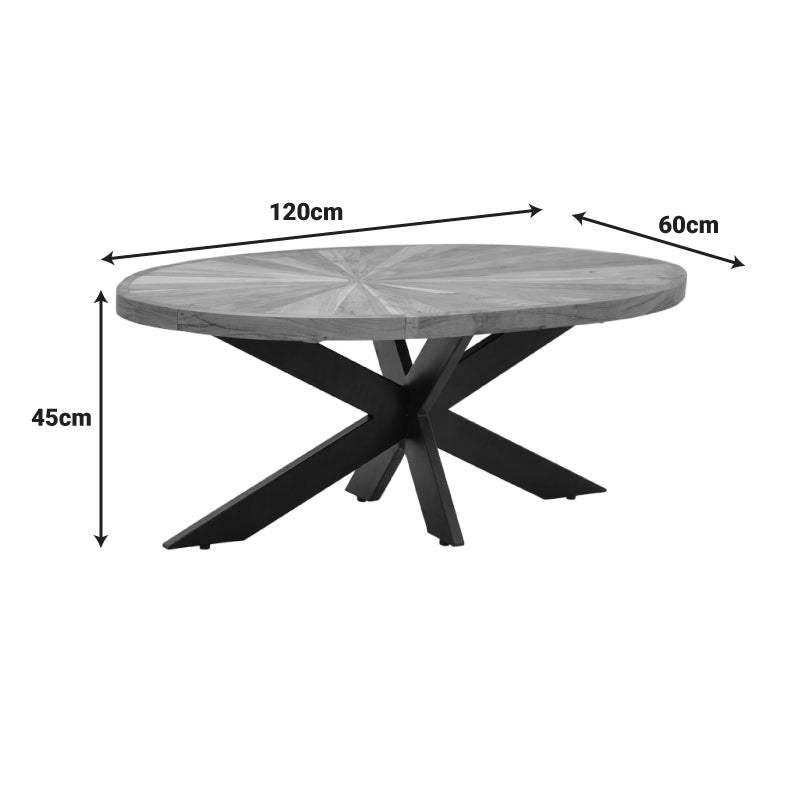 Coffee table Fardy solid acacia wood in natural color with black metal legs 120x60x45cm