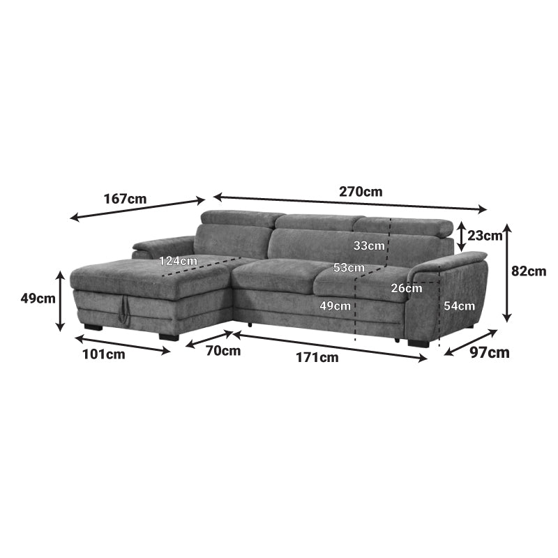 Dreamora right corner corner sofa bed with storage space beige fabric 270x167x82cm