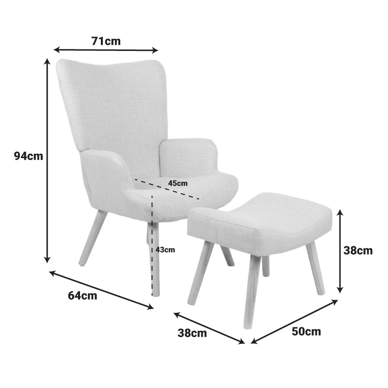 Armchair with footstool Gerlina cream fabric and legs in natural color 71x64x94cm