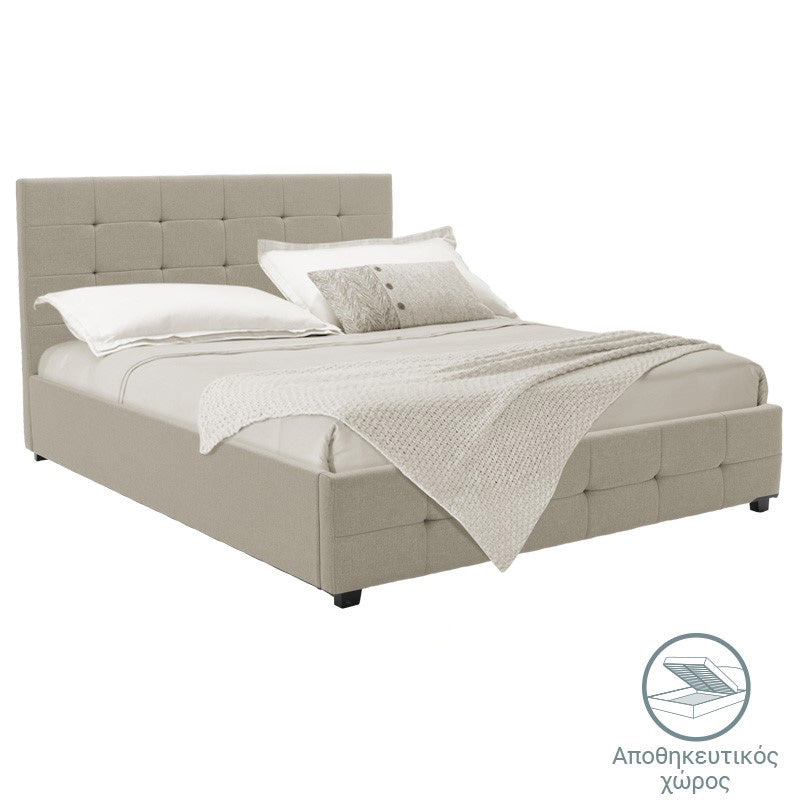 Double bed Roi pakoworld fabric with storage space in ivory color 160x200cm