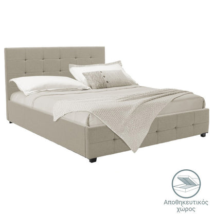 Double bed Roi pakoworld fabric with storage space in ivory color 160x200cm