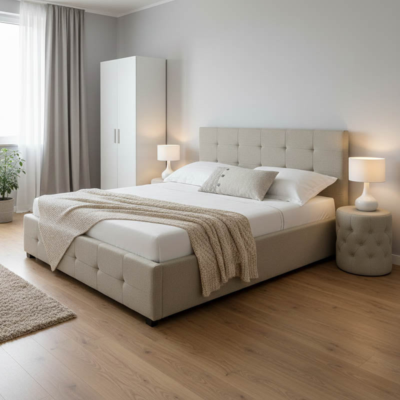 Double bed Roi pakoworld fabric with storage space in ivory color 160x200cm
