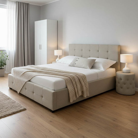 Double bed Roi fabric with storage space in ivory color 160x200cm