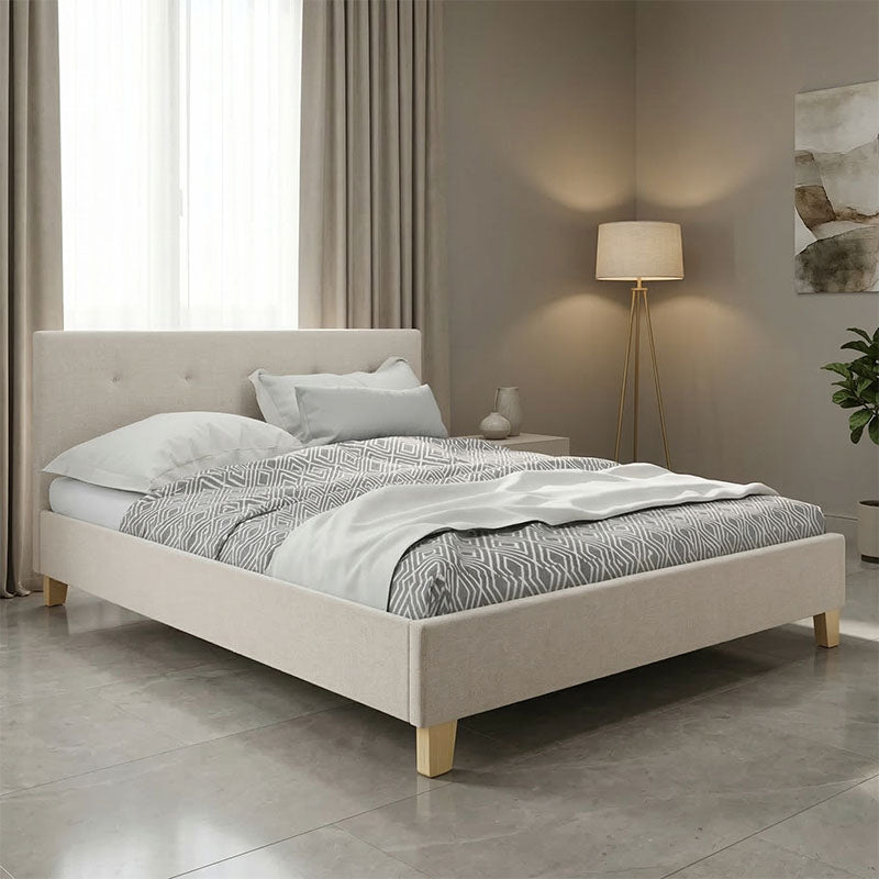 Mago pakoworld bed, cream fabric with natural wood leg, 140x200cm