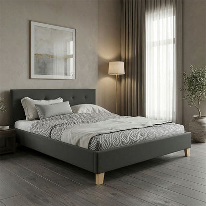 Mago pakoworld bed, anthracite fabric, with natural wooden leg 140x200cm