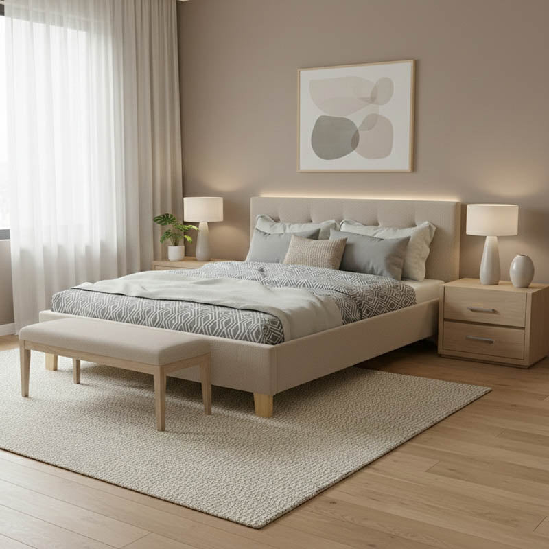 Mago pakoworld bed, cream fabric with natural wood leg, 160x200cm