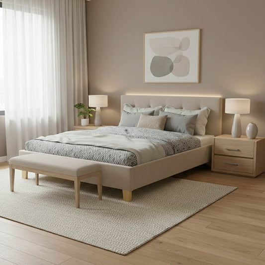 Mago bed, cream fabric with natural wood leg, 160x200cm