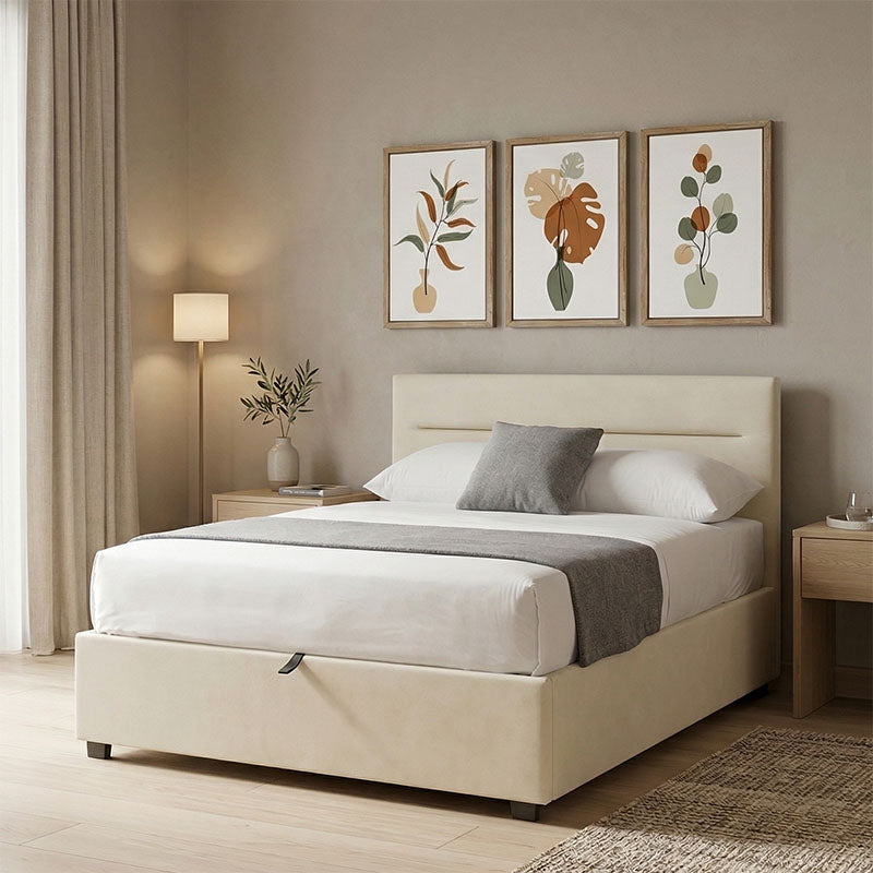 Molito velvet bed in ecru shade with storage space 120x200cm