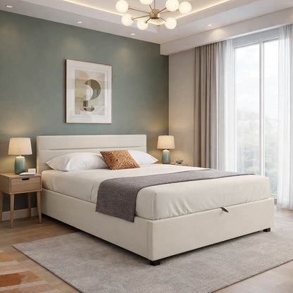 Molito velvet bed in ecru shade with storage space 150x200cm