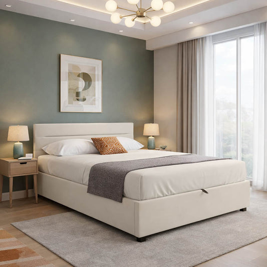 Molito velvet bed in ecru shade with storage space 150x200cm