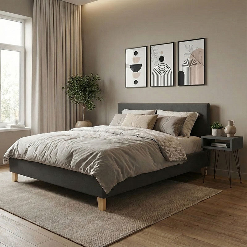 Mago bed dark grey color fabric with natural color wood leg 160x200cm
