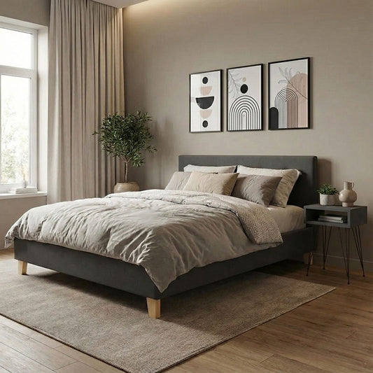 Mago bed dark grey color fabric with natural color wood leg 160x200cm