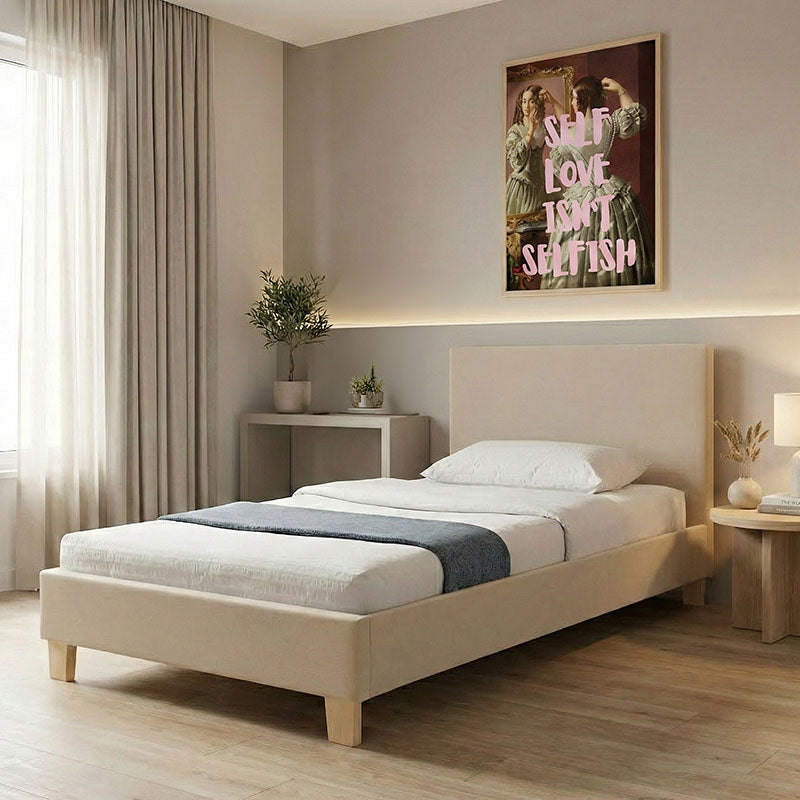 Bed Nevil ecru fabric-wooden natural color leg 90x190cm