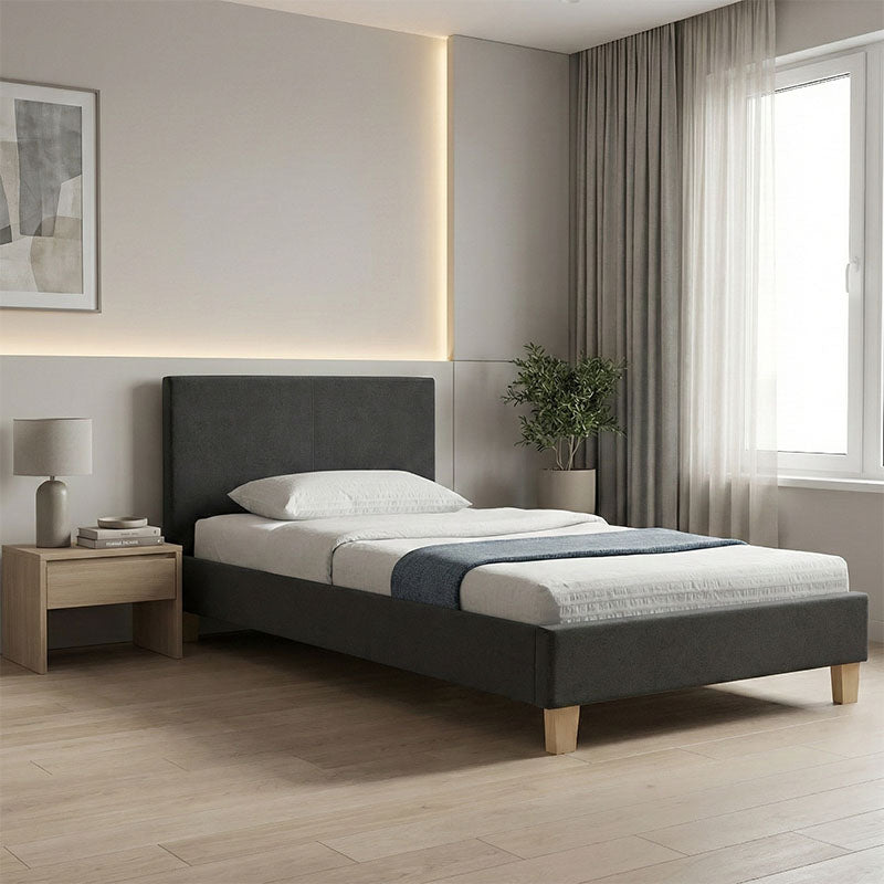 Bed Nevil anthracite fabric-wooden natural color leg 90x190cm