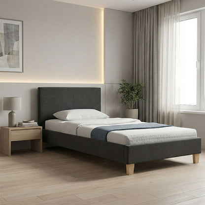 Bed Nevil anthracite fabric-wooden natural color leg 90x190cm
