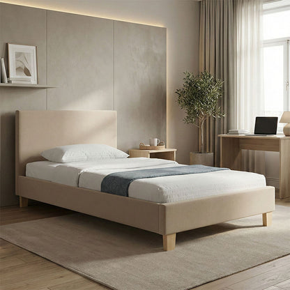 Bed Nevil ecru fabric-wooden natural color leg 100x200cm