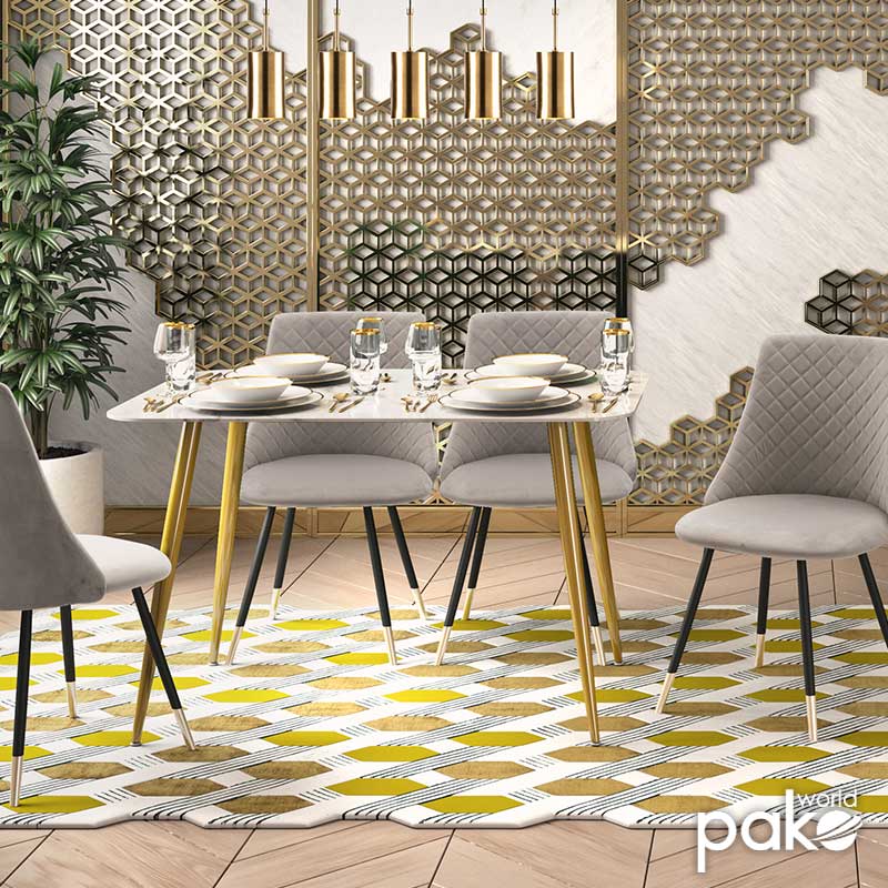 Dining table Paris pakoworld glass 8mm marble pattern-golden 120x80x75cm