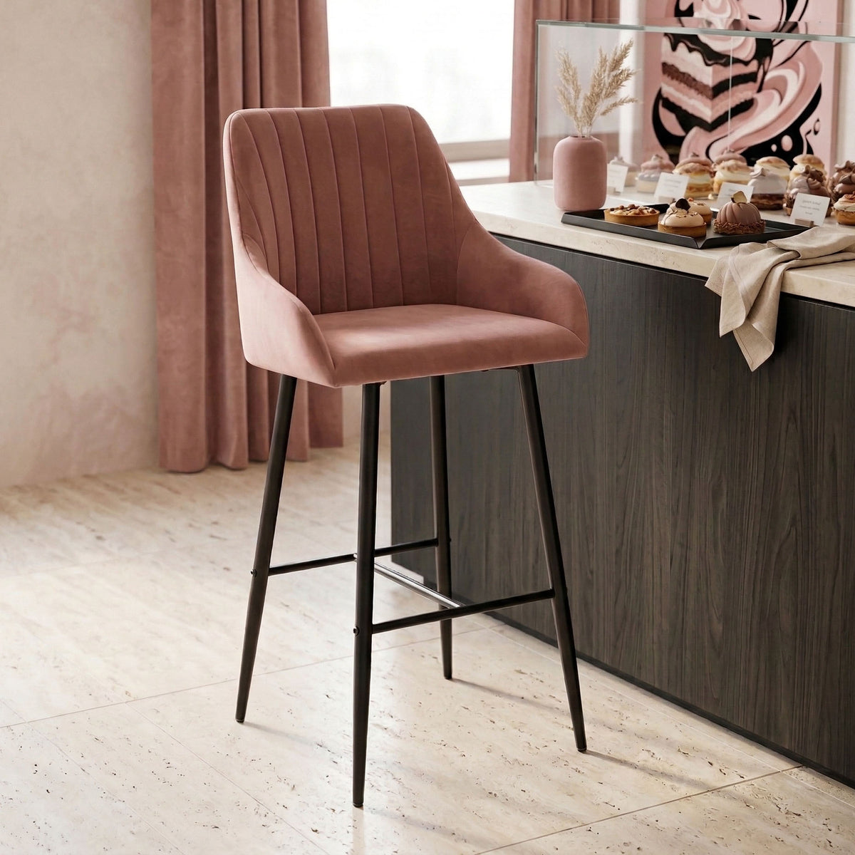 Bar Stool Patrin metal black legs - velvet rotten apple color