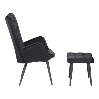 Armchair with footstool Dorita pakoworld velvet black-leg black metal 68.5x76x103cm