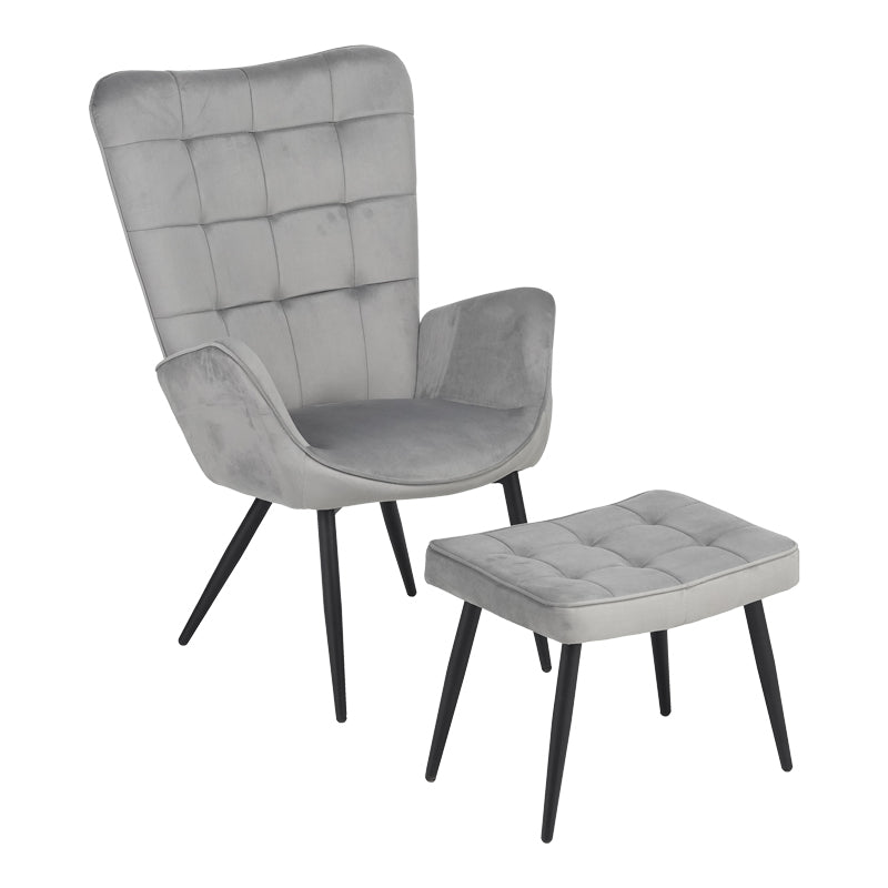 Armchair with footstool Dorita pakoworld velvet light gray-leg black metal 68.5x76x103cm