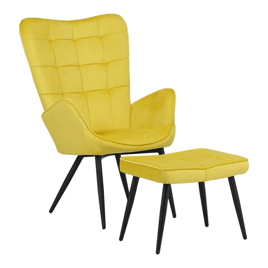 Armchair with footstool Dorita pakoworld velvet yellow-leg black metal 68.5x76x103cm