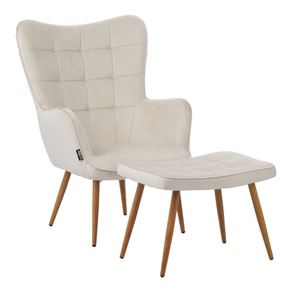 Maddison armchair with footrest-cushion pakoworld cream velvet-natural leg 68x72x98cm