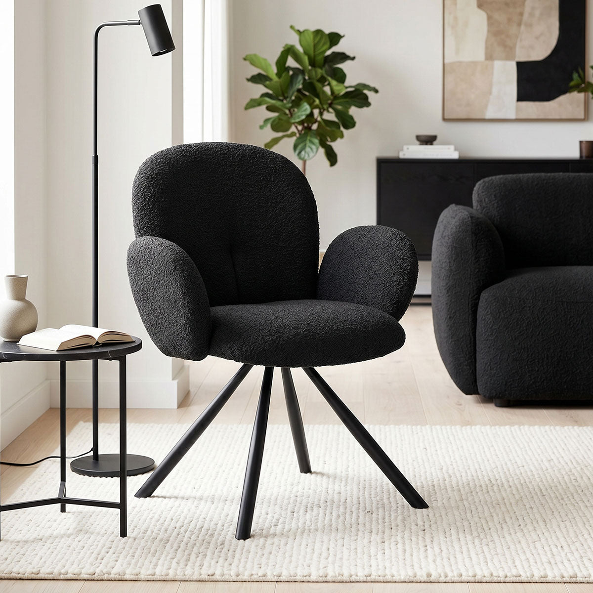 Armchair Garzele Inart dark grey teddy fabric-leg black metal 68x66x82.5cm