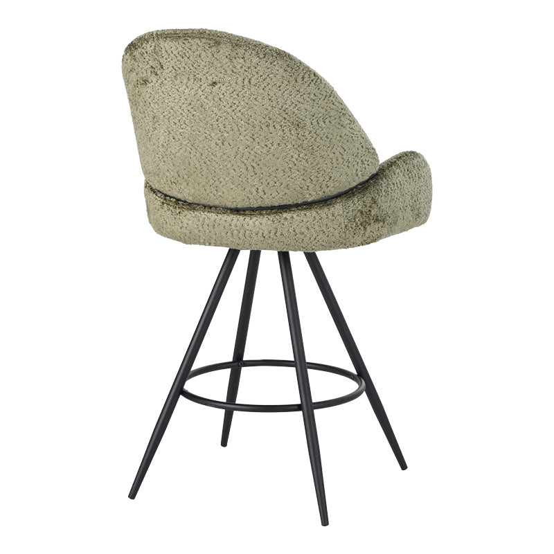 Morea rotating bar stool bouclé in olive green color with black metallic legs 55x66x107.5cm