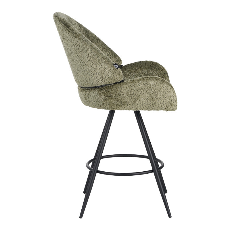 Morea rotating bar stool bouclé in olive green color with black metallic legs 55x66x107.5cm