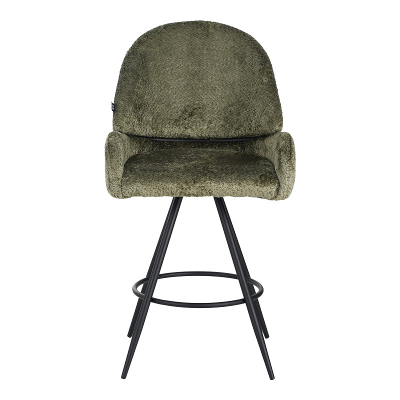 Morea rotating bar stool bouclé in olive green color with black metallic legs 55x66x107.5cm