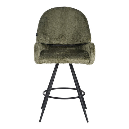 Morea rotating bar stool bouclé in olive green color with black metallic legs 55x66x107.5cm