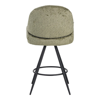 Morea rotating bar stool bouclé in olive green color with black metallic legs 55x66x107.5cm