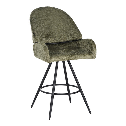 Morea rotating bar stool bouclé in olive green color with black metallic legs 55x66x107.5cm